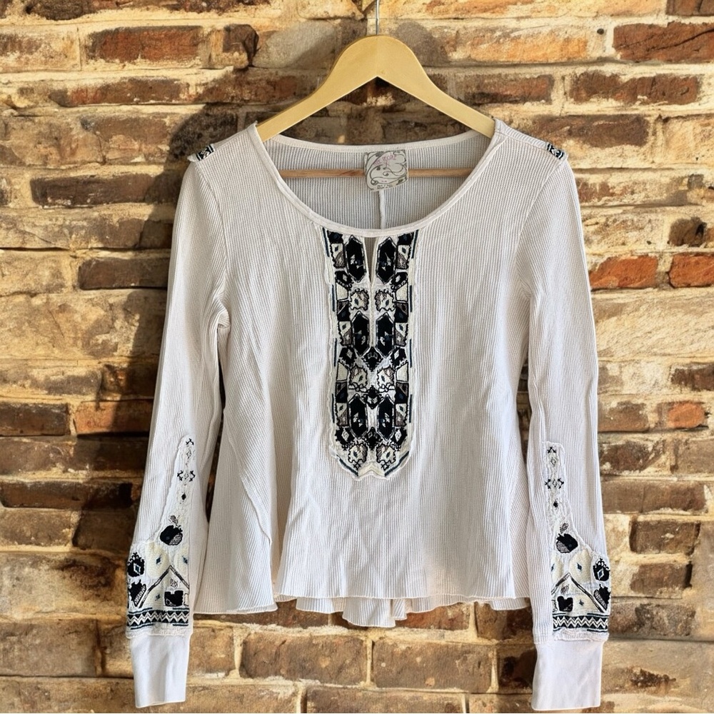 Free People Ivory and Black Patterned Long Sleeve Top